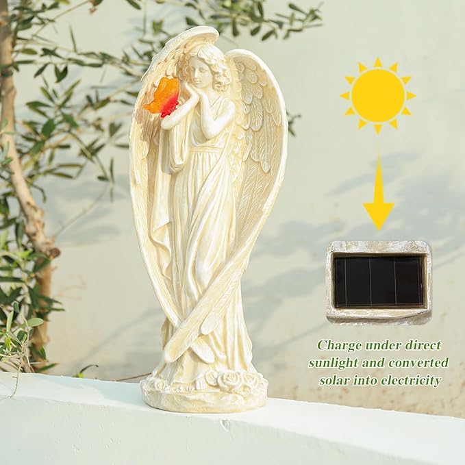 Angel Figurine, Large Angel Garden Statues Outdoor with Butterfly Solar LED Lights Lawn Decorations Yard Ornament Sculptural for Outside Patio Decor, Angel Gardening Gifts