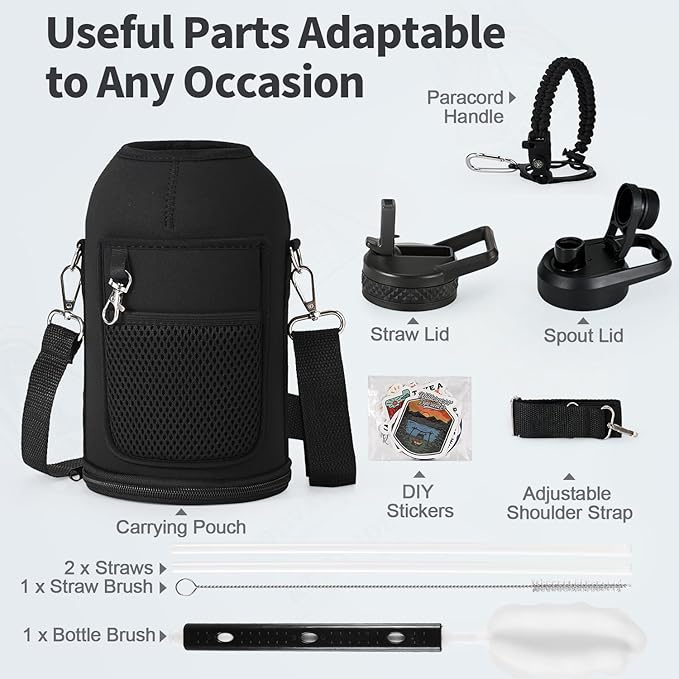 64 oz Insulated Water Bottle with Straw (Cold for 48 Hrs), Half Gallon Stainless Steel Triple Wall Vacuum Sports Water Jug, Leakproof Hydro Cup Flask with Straw Spout Lids & DIY Stickers