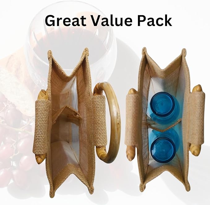 Bulap Wine Gift Bags with Window - 2 Pcs Natural Jute Wine bottle Carrier Bags for Birthday, Wedding, Anniversary, Party, Festival, Christmas Gift (2x Bags for 2-Bottles)