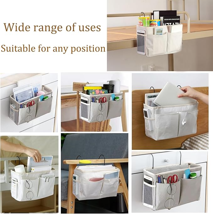 Bedside Caddy Organizer/Bedside Hanging Storage Bag Multi-Function Caddy for Bunk bed Hospital Beds Dorm Bed Rails, Holders Books Glasses Phones Magazine(White)