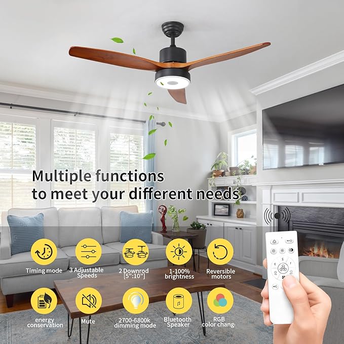 52 Inch Wood Ceiling Fan with RGB Dimming LED Light,with Music Bluetooth Speaker,Remote Control,3-Speed Regulation, Reversible Motor,Timing,for Living Room,Bedroom,Restaurant,Outdoor