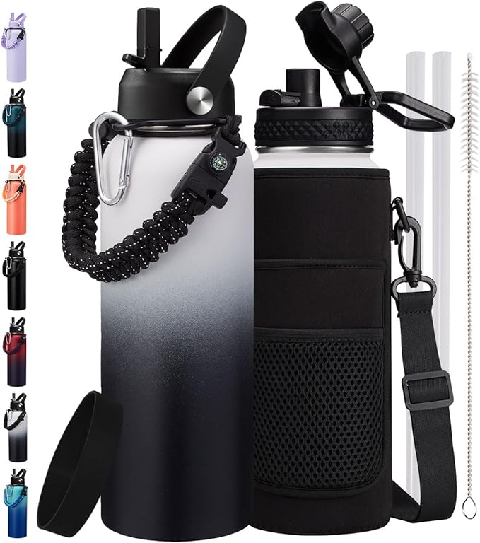 32/40/64 oz Insulated Water Bottle with Straw & Spout Lids, Paracord Handle, Bottle Holder with Strap, 40 oz Stainless Steel Water Bottle Cold for 48H, Vacuum Metal Thermal Flask for Work Travel