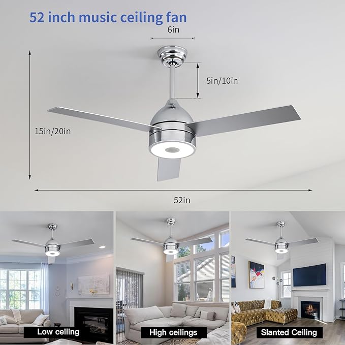 52 Inch Plated Finish Ceiling Fan with RGB Dimming LED Light,with Music Bluetooth Speaker,Remote Control,3-Speed Regulation,Reversible Motor,Timing,for Living Room,Bedroom,Restaurant,Outdoor