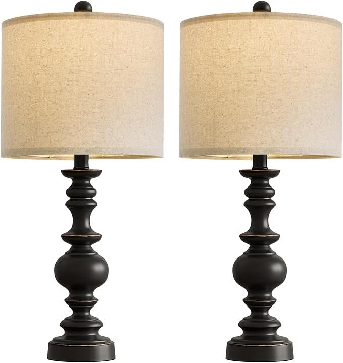BOBOMOMO 24" Traditional Farmhouse Table Lamp Set of 2, Vintage Resin Lamps for Living Room Bedroom, Rustic Nightstand Lamp with Linen Shades, Retro Black Table Lamps for Living Room, Bedroom, Office