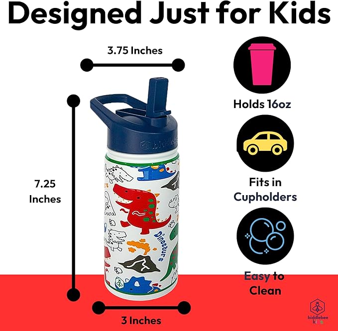 Biddlebee Kids Water Bottle with Straw Lid | 14oz Insulated Stainless Steel Reusable Bottles for School | Leak Proof Cap with Handle & Touch Free Spout | Great for Boys & Girls (Colorful Dinosaurs)