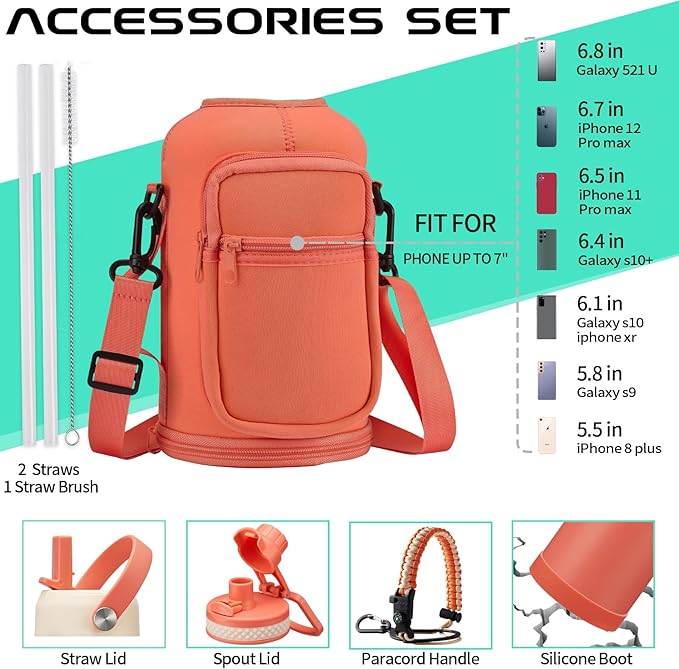 64oz Insulated Water-Bottle with Strap - Half Gallon Water Jug with Straw & Spout Lid, 2 Liter Stainless Steel Water Bottle Leak Proof, Cold-48h Hot-24h Metal Flask w/ Paracord Handle, Carrier Case