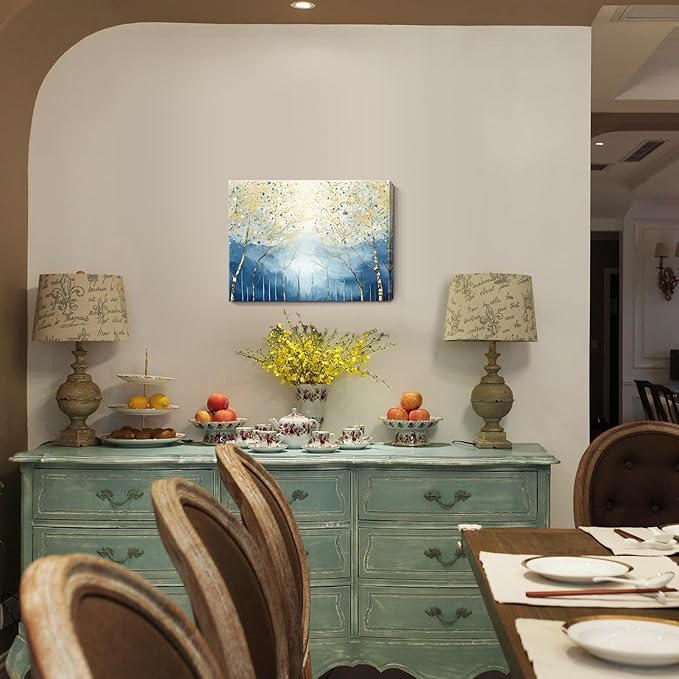 amatop Abstract Tree of Life Wall Art– Modern Blue Yellow Picture Forest Birch Mountain Canvas Print Minimalist Landscape Small Nature Artwork for Bathroom Bedroom Office Decor,16x12 Inch