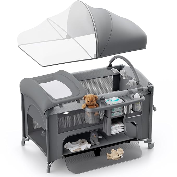 4 in 1 Baby Bassinet, Pack and Play, Bedside Crib Sleeper, Diaper Changer - Comes with Mattress, Mosquito Net，Bottom Storage and Toy Bar for Newborn to Toddles