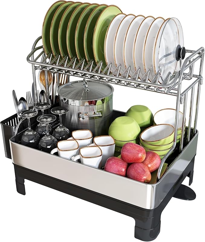 BOOSINY Extra Large Stainless Steel Dish Drying Rack, 2 Tier Dish Racks for Kitchen Counter, Dish Drainer with Drainboard Set, Full Size Dish Dryer Rack with Utensil Holder, Black