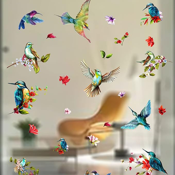 Birds Anti-Collision Spring Window Clings for Glass Windows, Glass Flower Wall Decals, Birds Alert Collision Window Decals Hummingbirds Butterfly Decal Prevent Bird Strikes on Windows Doors
