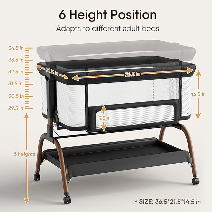 Baby Bassinet Bedside Crib, 3-in-1 Baby Bassinet Bedside Sleeper with Mattress and Soft, Breathable Sheet, Full-Mesh Sides, 6-Height Adjustable, Stable and Secure Crib for Newborns
