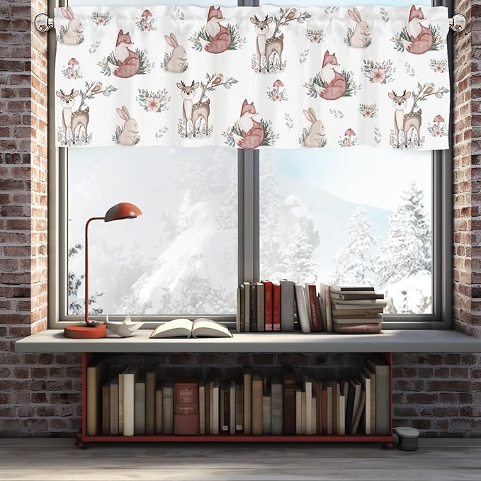 Baby Woodland Animals Leaves Mushroom Valances 54''x18'' Kids Toddler Nursery Bedroom Decor Drapes Deer Rabbit Fox Rod Pocket Short Curtains for Living Room Bathroom Kitchen Cafe 1 Pack
