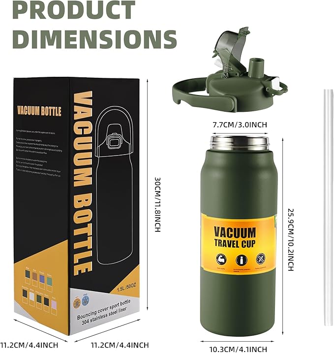 50oz/1.5L Insulated Sports Water Bottle, Stainless Steel Double Wall Water Jug with Handle, 2-in-1 Chug Spout and Straw Lid with Lock Cover for School, Outdoor, Sports & Travel, Army Green