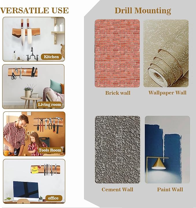 12.5 Inch Magnetic Knife Holder for Wall,Acacia Wood Knife Magnetic Strip,Knife Holder Wood Magnetic,No Drilling Knife Magnetic Strip-Strong Knife Magnet- for Kitchen Knives and Tools