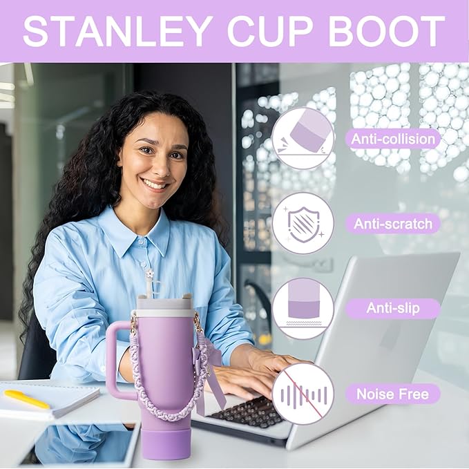 BELSITA Stanley Cup Accessories Set, Bow Pearl Chain Braided Design Water Bottle Handle Strap, Silicone Stanley Cup Boot, Stanley Charms for Stanley Cup 30/40oz Tumble (Purple)