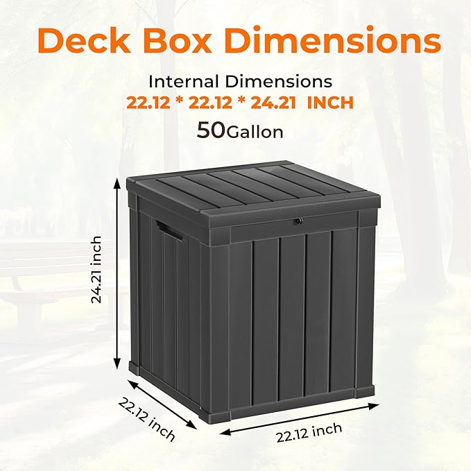 50 Gallon Double-Wall Resin Deck Box - Lockable Waterproof Outdoor Storage Box, 515bs Capacity & Doubles as Seating for Patio Furniture - Garden Tools, Pool Accessories (Black)