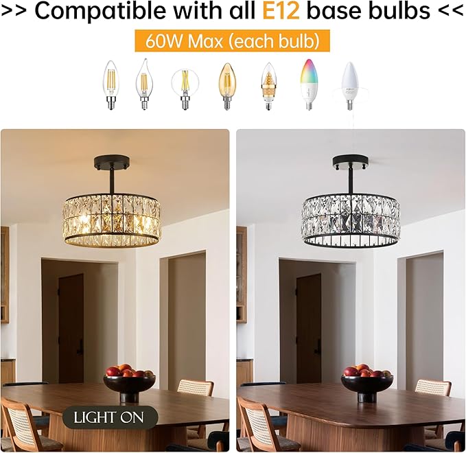 12” 3-Light Modern Crystal Chandeliers Black Dinning Room Light Fixture with Two Poles, Round Pendant Light Kitchen Island Chandelier, Flush Mount Ceiling Light for Living Room Entryway
