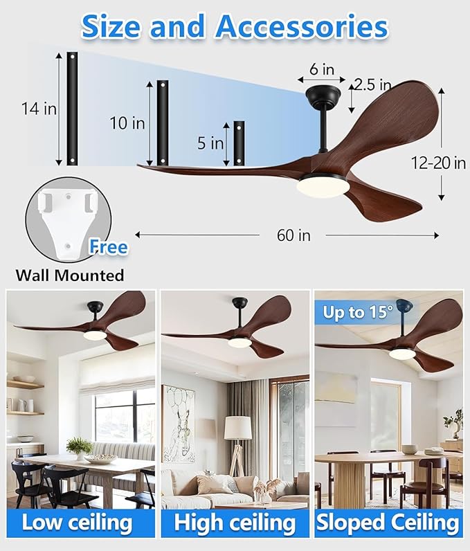 60 Inch Super Wide Blade Ceiling Fan with Light and Remote,Outdoor/Indoor Ceiling Fan with 3 Blades Noiseless Reversible DC Motor 6 Speeds with 3 Color Temperature and Timer for living room Patios