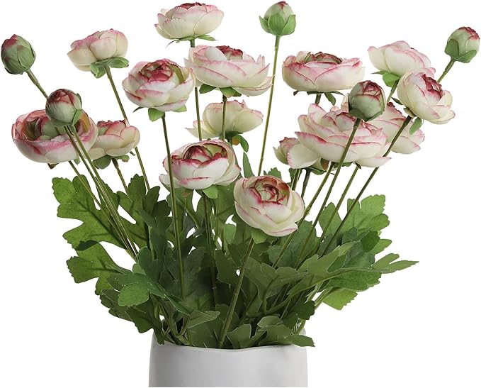 Artificial Silk Flowers Persian Buttercup Bicolor Ranunculus Flower 5 Pcs,Suitable for core Decoration,Wedding Floral Creation,Flower Arrangement DIY Project,Interior Decor（Green）