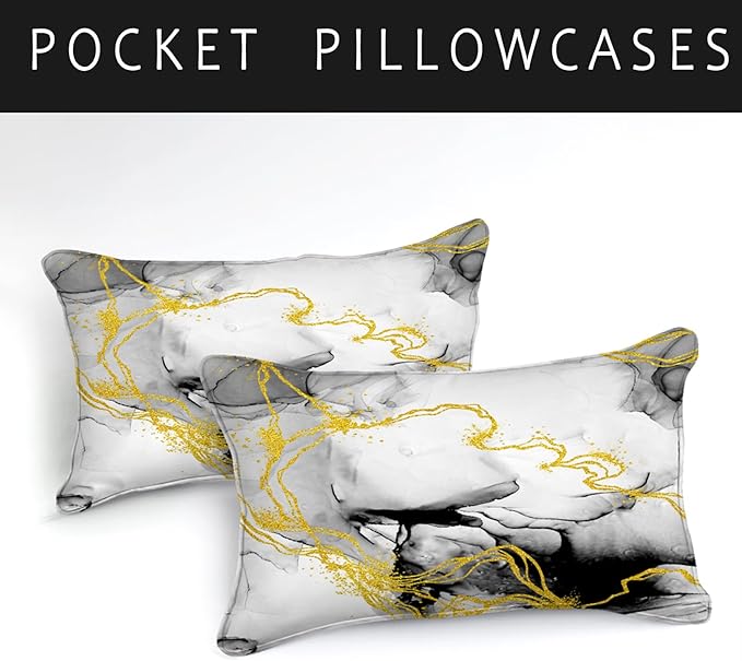 Bedbay Marble Comforter Set King Size Watercolor Bedding Black and Gold Bedding Duvet Set Abstract Marble Texture 4 Pieces Soft Microfiber Lightweight Down Alternative Comforter(Ink,King) ﻿