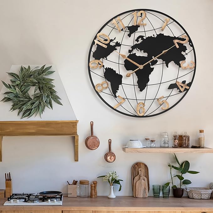 20 Inch Large Wall Clock for Living Room Decor,Big Modern Decorative Silent Metal World Map Wall Clock with Vintage Gold Arabic Numeral for Office,Living Room,Kitchen,Dining Room