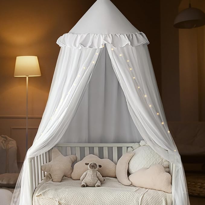 Bed Canopy with String Light, Double Layer Mosquito Net Bed Canopies White Princes Fairy Canopy Tent for Girls, Adults, Hanging Bed Tent Drapes Bed Curtains Reading Nook, 27''x108''