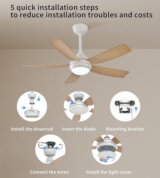 42" Ceiling Fan with Lights, 5 Blades, 6 Speeds DC Reversible, Dimmable, Low Profile Ceiling Fan with Light and Remote Control for Bedroom or Living Room