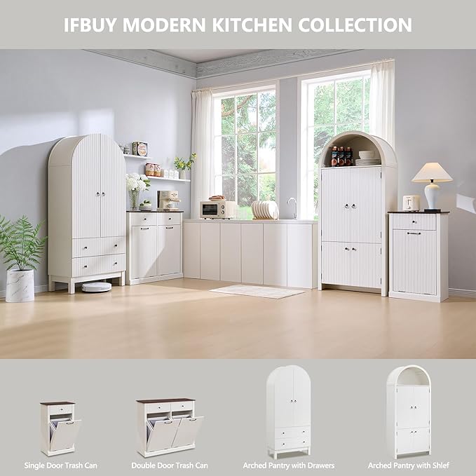 71" Tall Arched Bathroom Storage Cabinet, Modern Fluted Storage Cabinet w/Doors, 3 Adjustable Shelves, 6 Door Shelves, Wood Freestanding Cabinet for Bathroom, Entryway, Hallway, Antique White