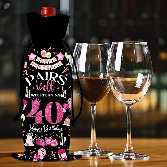 40th Birthday Gifts Women Men Wine Bag, 40 Year Old Birthday Gifts for Women Men, Happy 40th Birthday Party Decorations Woman Man, Pairs Well with Turning 40 Wine Bags (Black Pink)