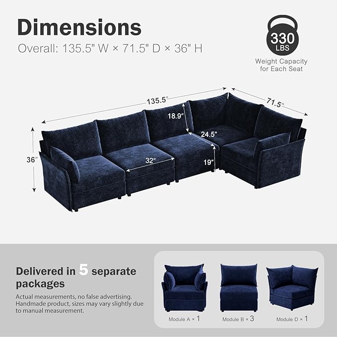 135.5" Oversized Modular Sectional Sofa, L Shaped Convertible Couch with Movable Ottoman, 5 Seat Corner Couches for Living Room Deep Seat Blue Chenille