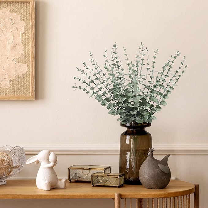 24Pcs Faux Eucalyptus Stems, 15" Artificial Eucalyptus Plants with White Frosted Coating, Fake Eucalyptus Decor Plastic Greenery Leaves for Wedding Bouquets Home Decor DIY Floral Arrangements