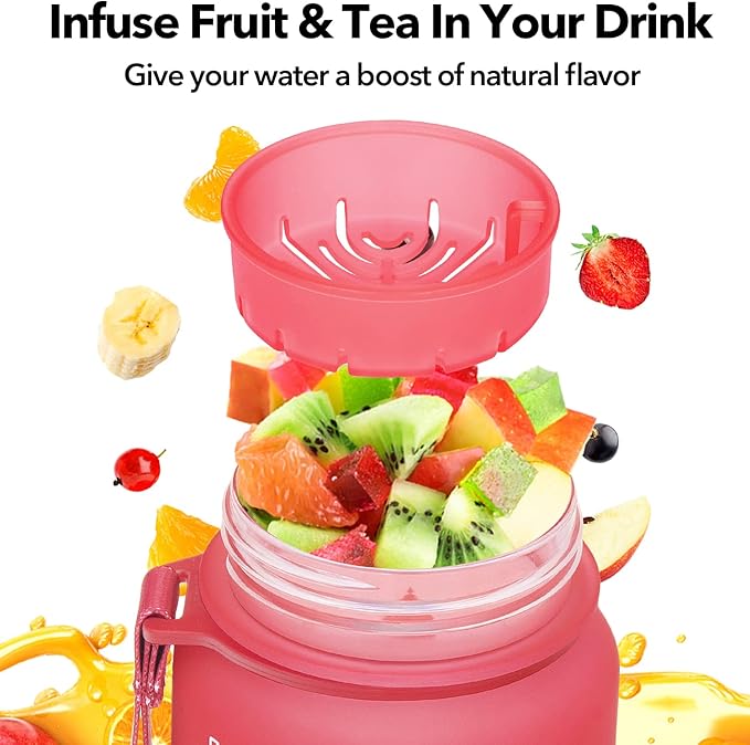 32oz/26oz Motivational Water Bottle with Time Marker & Fruit Strainer, Leak-proof BPA Free Non-Toxic 1l Bottle with Carrying Strap, Perfect for Fitness, Gym and Outdoor Sports,Plastic