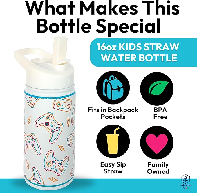 Biddlebee Kids Water Bottle with Straw Lid | 14oz Insulated Stainless Steel Reusable Bottles for School | Leak Proof Cap with Handle & Touch Free Spout | Great for Boys & Girls (Cool Gamer)