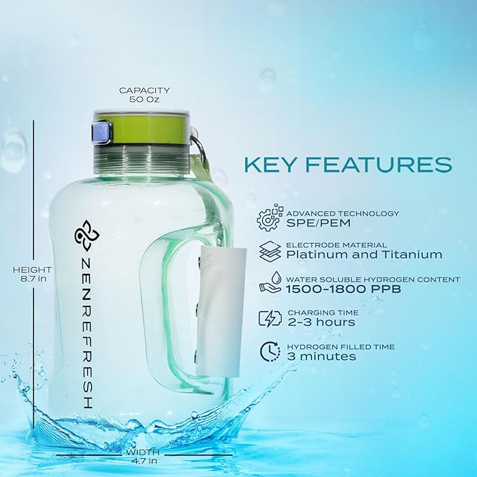 50 Oz Hydrogen Water Bottle, 2024 New SPE/PEM Technology, Large Gym Hydrogen Bottles, Travel Hydrogen Water Bottle Generator With Straw & Additional Cap, USA Brand, Up to 1800 ppb - Green