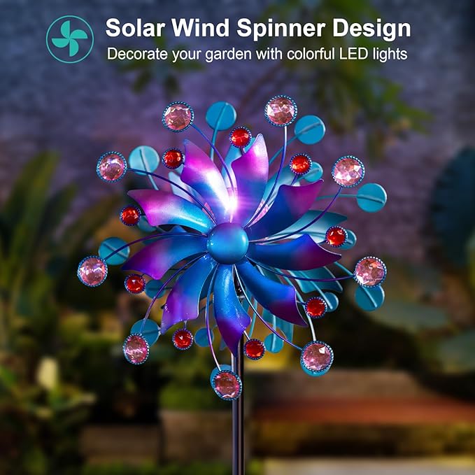 360°Solar Wind Spinner with Lights Blue Metal Garden Outdoor Decor Yard Lawn Art Decor for Patio Kinetic Windmills Unique Gifts for Friends and Family 60.63'' H x 13.38'' Dia