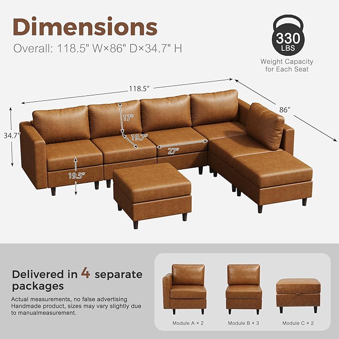 118.5" Faux Leather Modular Sectional Sofa, L Shaped Couch Set for Living Room, 7-Seater Comfy Cloud Couches with Storage Seat Brown