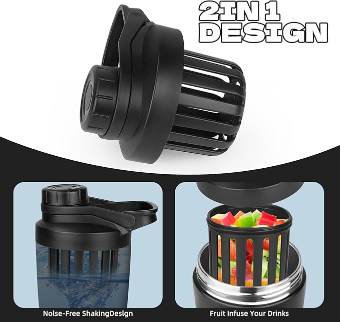 24 oz Shaker Bottle,Stainless Steel Shaker Bottle with Noise-Free Design,Insulated Metal Shakers Bottles Cup for Protein Mixes and Pre Workout,Gym Shaker Bottle(Black)