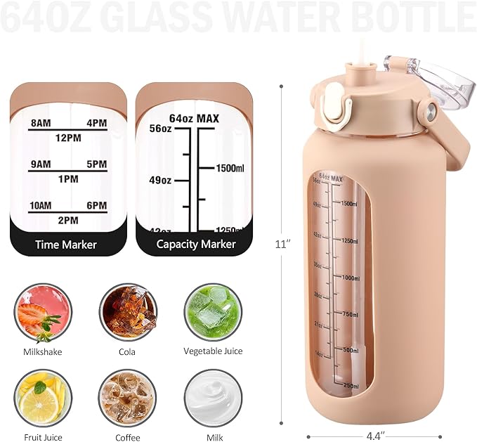 64 oz Glass Water Bottle with Straw and 2 Lids, Half Gallon Water Bottle with Sleeve, Large Insulated 2 Liter Glass Water Jug Time Marker with Handle - Light Amber