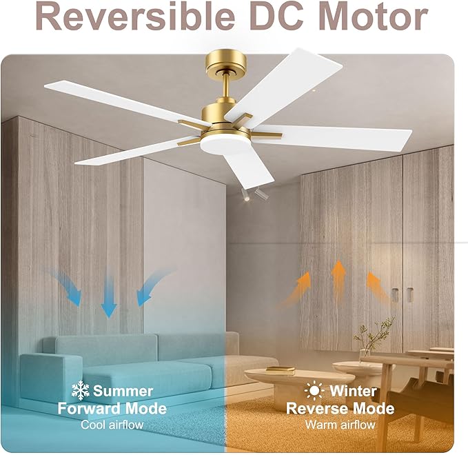 52” Smart Ceiling Fan with LED Lights Remote,Quite DC Motor,Voice Control via Alexa Google WIFI Phone,Outdoor Indoor Modern Ceiling Fans,Dimmable,for Bedroom Patio Porch,Gold and White Black