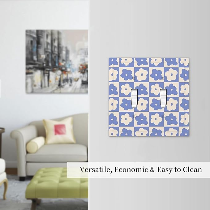 Blue and Cream Floral Checked Plaids Double Toggle Light Switch Covers 2 Gang Wall Plate Dual Decorative Switchplate Electrical Faceplate for Bathroom Country Kitchen Bedroom Decor, 4.9" x 5"
