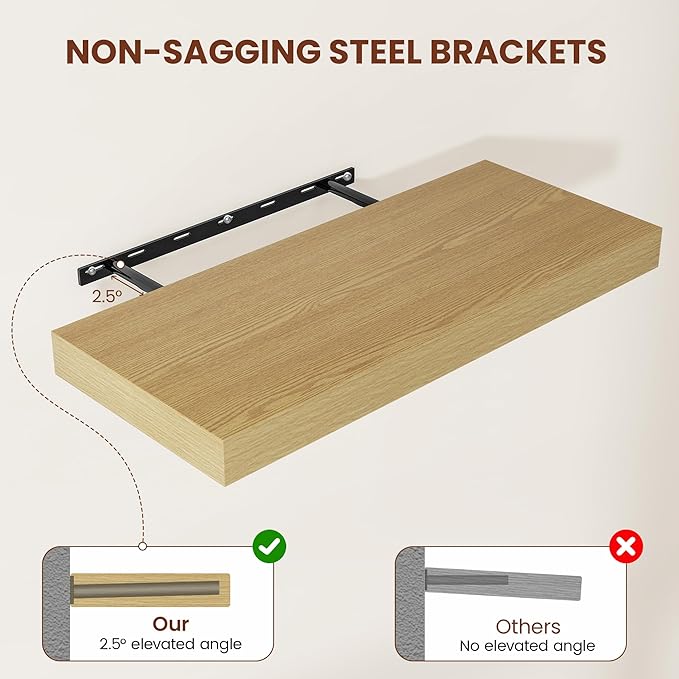 12 Inch Deep Floating Shelves 24 inch Long, 24 x 12 Wide Wall Shelves with Invisible Brackets, Heavy Duty Shelf for Bedroom Bathroom Living Room Kitchen Office Home Decor, Modern Shelf Set of 2, Oak