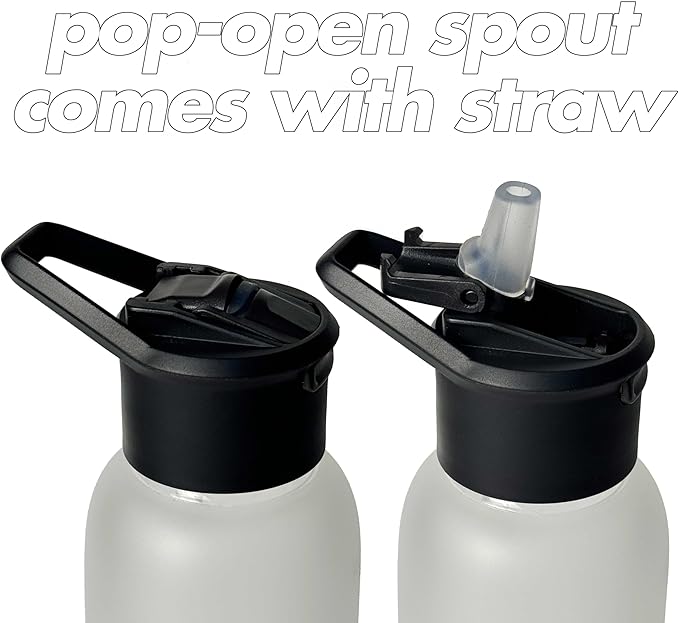 32 oz Motivational Glass Water Bottle with Straw Lid and Neoprene Sleeve | Sport Water Bottle with Measurements (Black)