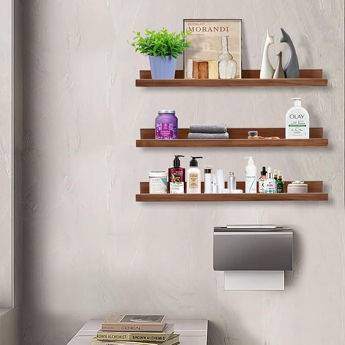 AZSKY Floating Photo Shelves Fair Light Walnut 24 Inch Picture Ledge for Storage Wall Book Shelves Hanging Picture Photo Frame Ledge Shelves with Lip a Set of 3 Same Sizes Kitchen Spice Rack