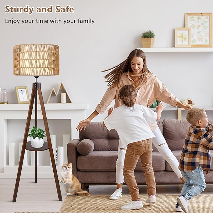 Boho Tripod Floor Lamp with Shelves, Mid Century Wood Standing Lamp with Rattan & Fabric Shades, ON/Off Foot Switch, Modern Farmhouse Tall Floor Lamps for Living Room Bedroom Office