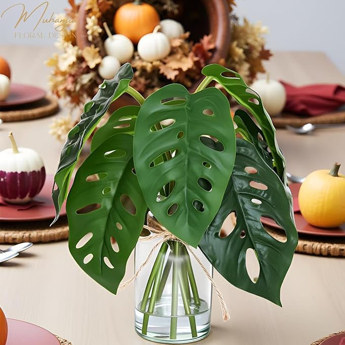 Artificial Flowers Turtle-Back, Alocasia Leaf, in Glass Vase with Faux Water,7Pcs Artificial Leaves Real Touch Latex Leaves for Centerpiece (2, Turtle-Back Leaf)