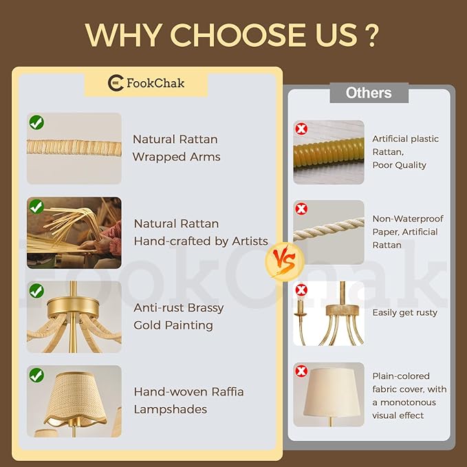 6 Light Boho Rattan Chandelier 44'' Brass Gold Chandelier Light Fixture Hand Woven Dining Room Chandeliers for Entryway Bedroom Living Room Bathroom