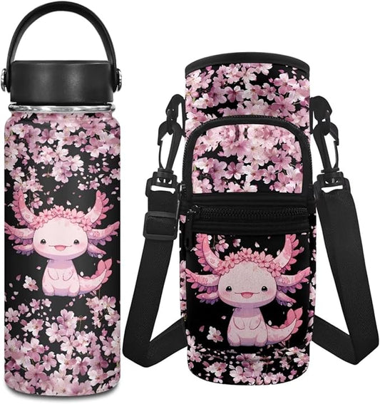 Axolotl Stainless Steel Water Bottle 20 OZ Cherry Blossom Insulated Water Bottle Carrier Sling Bag Water Bottle Pouch Adjustable Strap