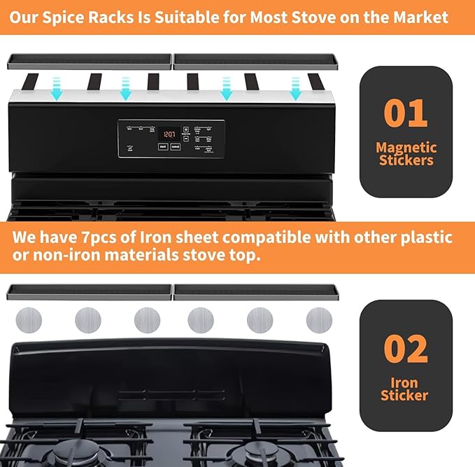 BFONS 30" Magnetic Stove Top Shelf Spice Rack Storage, Silicone Top Heat Material Stove Rack Shelf Flexible Seasoning Organizer Kitchen Shelves Gadgets with 2 Functional Prtitions for Kitchen （Grey）