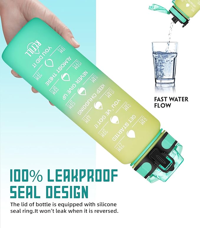 32oz Motivational Water Bottle with Time Marker & Fruit Strainer, Leak-proof BPA Free Non-Toxic Bottle with Carrying Strap, Perfect for Fitness, Gym and Outdoor Sports