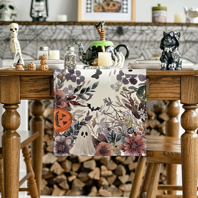 Artoid Mode Jack-O'-Lantern Pumpkin Floral Ghost Halloween Table Runner, Eucalyptus Kitchen Dining Table Decoration for Home Party Decor 13x108 Inch